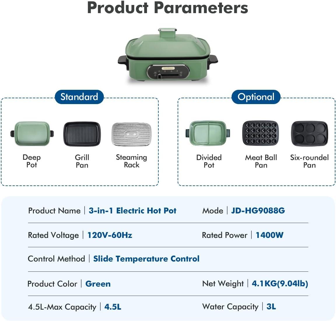 image:imageJoydeem 3in1 Electric Hot Pot Multiuse Shabu Shabu Pot with Grill Pan amp Steamer Nonstick Ceramic Oil Coating UL Listed JDHG9088G Green