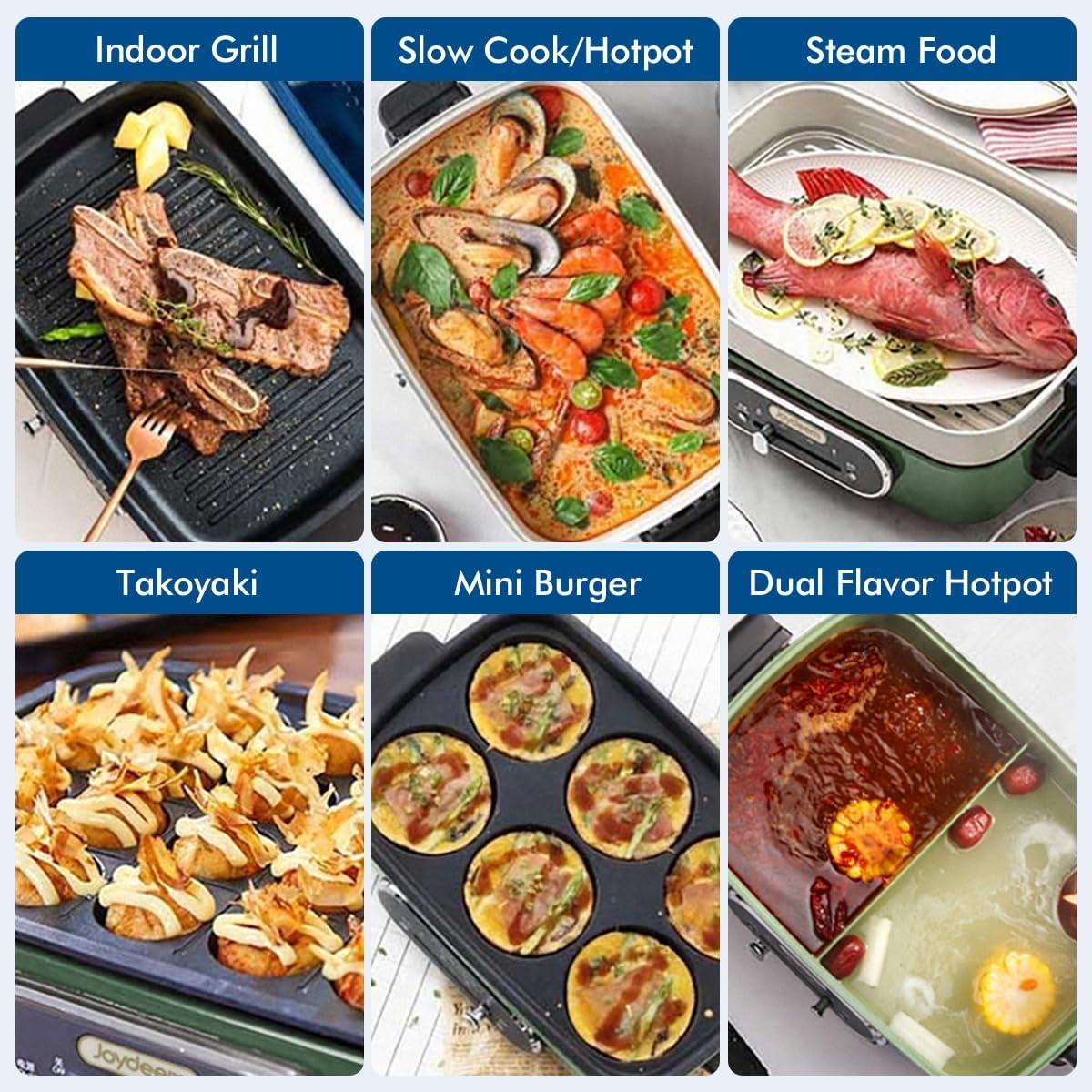 image:imageJoydeem 3in1 Electric Hot Pot Multiuse Shabu Shabu Pot with Grill Pan amp Steamer Nonstick Ceramic Oil Coating UL Listed JDHG9088G Green