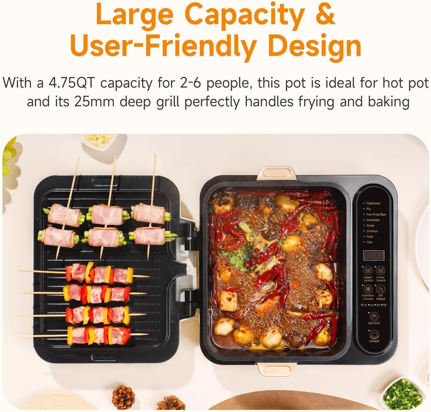 image:imageJoydeem Electric Grill with Hot Pot Shabu Shabu Pot with Grill Foldable amp Detachable Design 1800W 475Qt Large Capacity Ceramic Oil NonStick Coating 8 Functions amp DIY Mode SKGB430