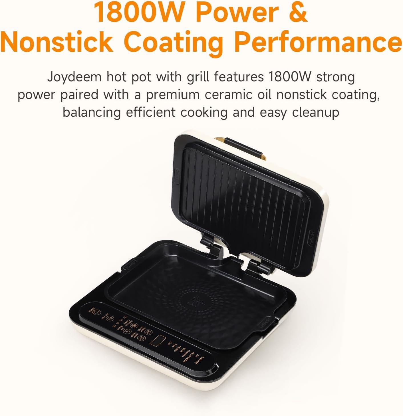 image:imageJoydeem Electric Grill with Hot Pot Shabu Shabu Pot with Grill Foldable amp Detachable Design 1800W 475Qt Large Capacity Ceramic Oil NonStick Coating 8 Functions amp DIY Mode SKGB430