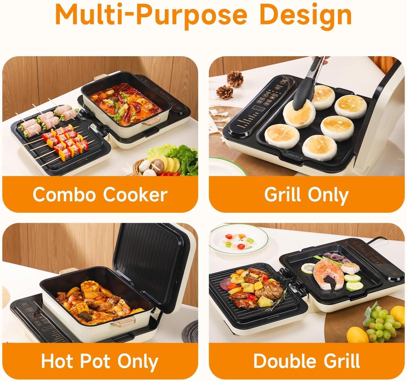 image:imageJoydeem Electric Grill with Hot Pot Shabu Shabu Pot with Grill Foldable amp Detachable Design 1800W 475Qt Large Capacity Ceramic Oil NonStick Coating 8 Functions amp DIY Mode SKGB430