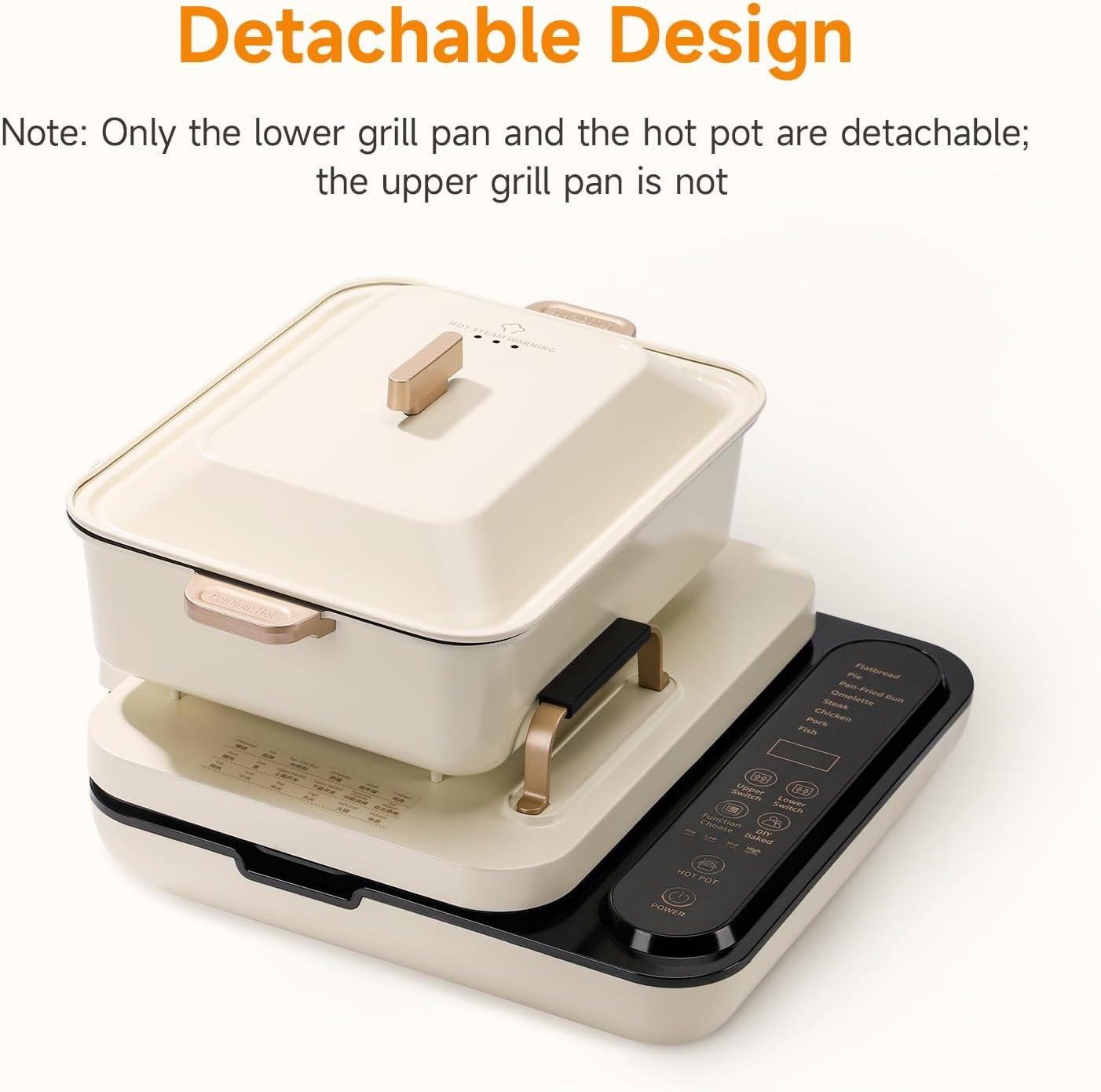image:imageJoydeem Electric Grill with Hot Pot Shabu Shabu Pot with Grill Foldable amp Detachable Design 1800W 475Qt Large Capacity Ceramic Oil NonStick Coating 8 Functions amp DIY Mode SKGB430