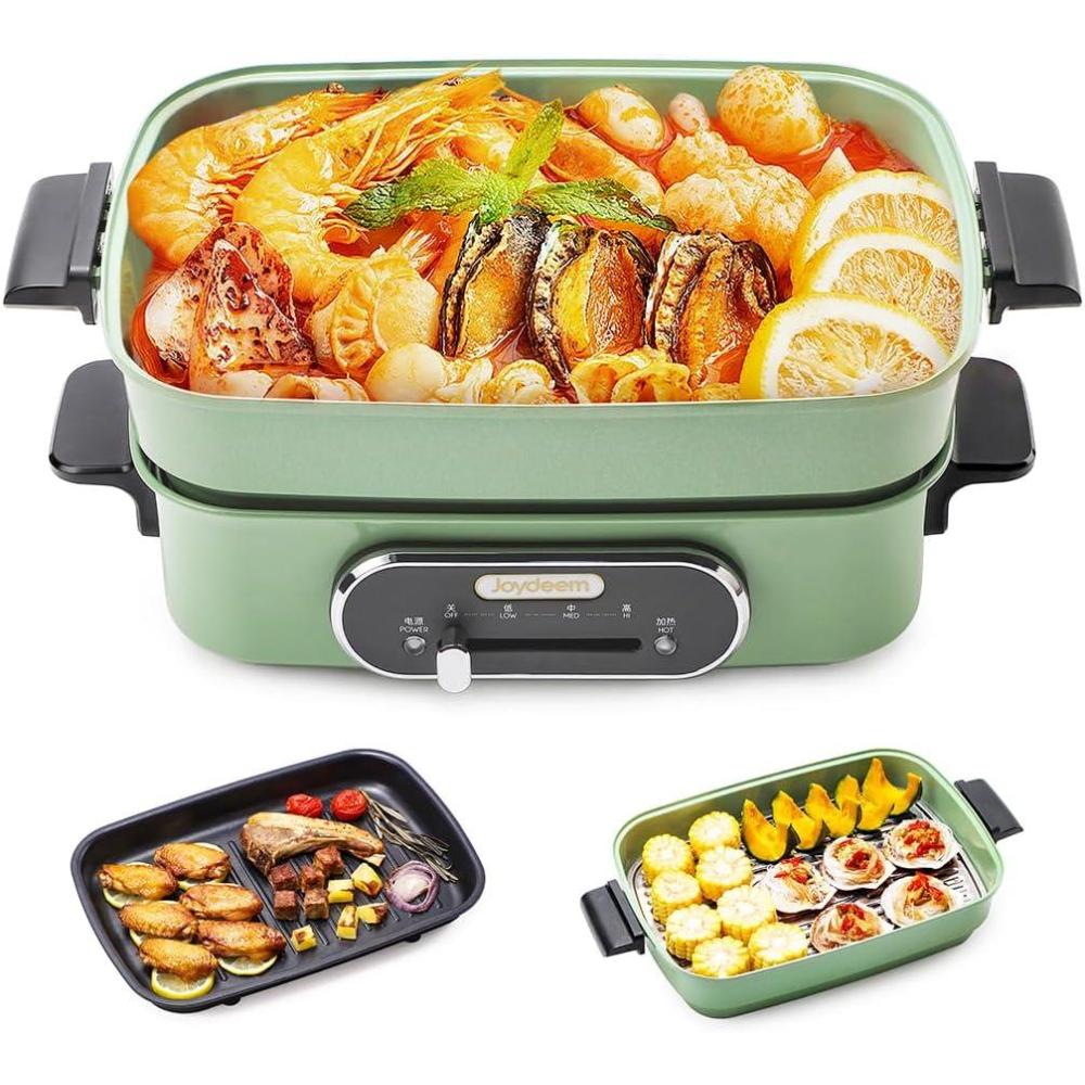 image:imageJoydeem 3in1 Electric Hot Pot Multiuse Shabu Shabu Pot with Grill Pan amp Steamer Nonstick Ceramic Oil Coating UL Listed JDHG9088G Green