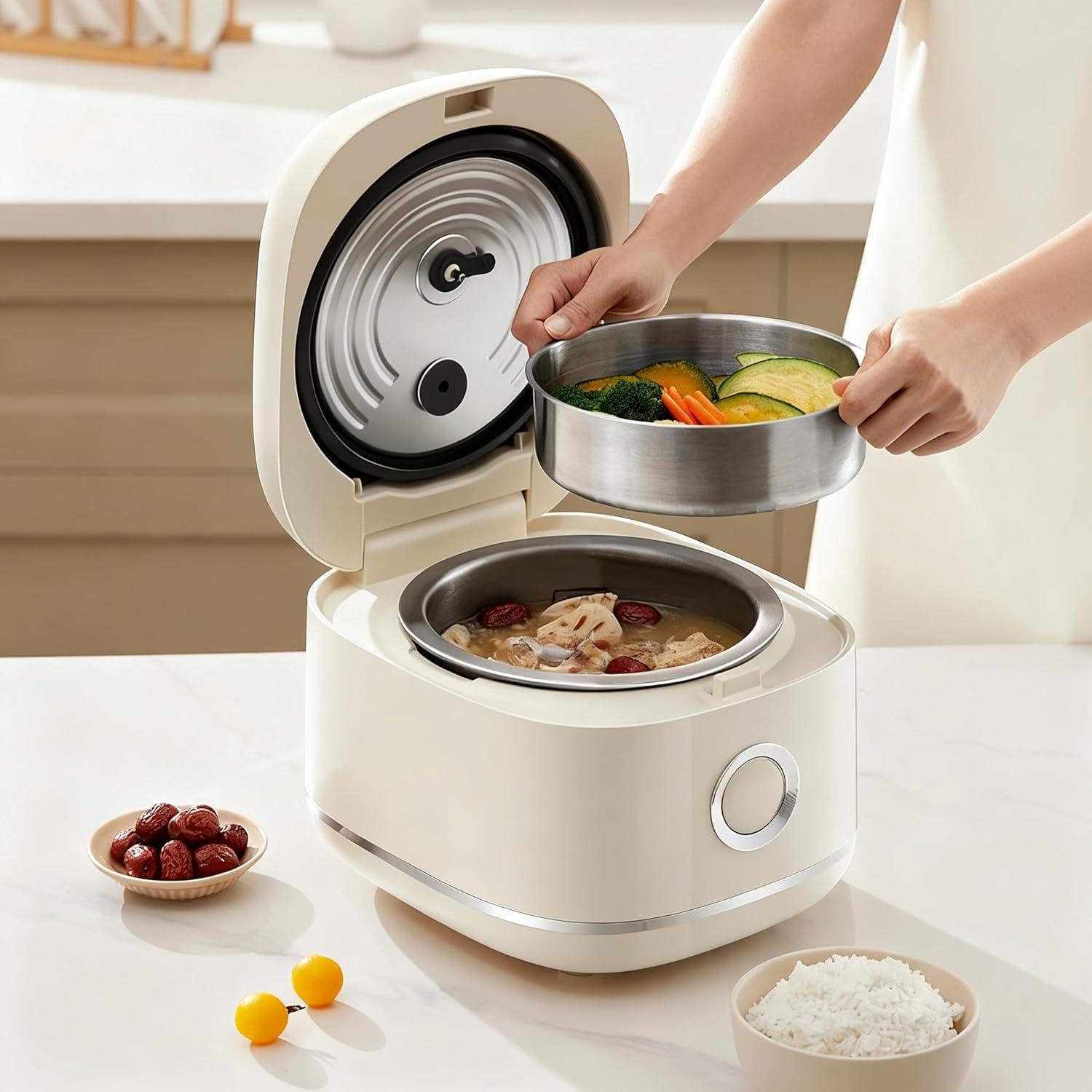 image:imageJoydeem Stainless Steel Rice Cooker Uncoated NonStick 316L Stainless Steel Inner Pot 6 Cup Uncooked 3L32 qt DFBD300 Cream Color