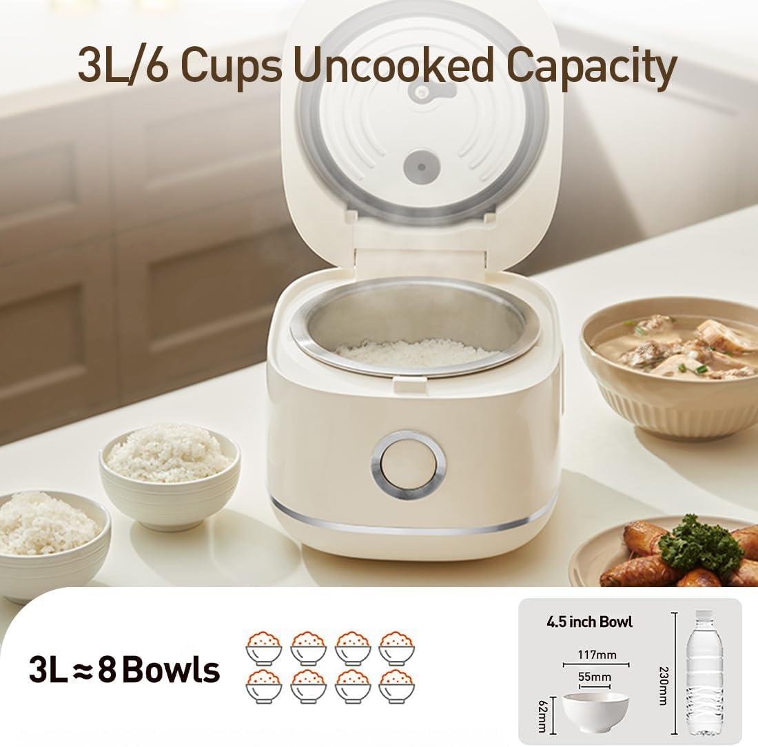 image:imageJoydeem Stainless Steel Rice Cooker Uncoated NonStick 316L Stainless Steel Inner Pot 6 Cup Uncooked 3L32 qt DFBD300 Cream Color