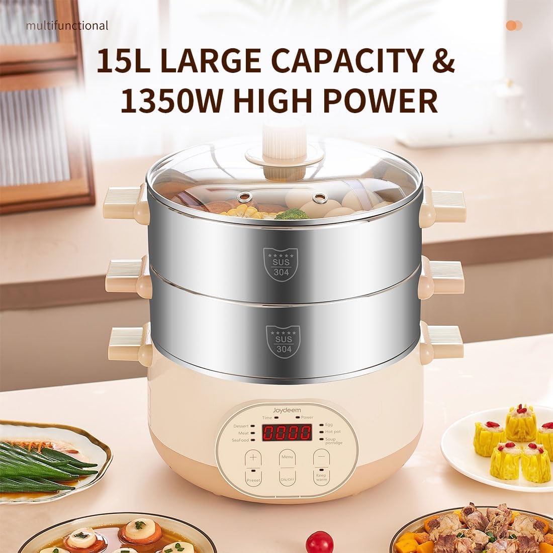 image:imageJoydeem Electric Food Steamer for Cooking 2Tier Stainless Steel Vegetable amp Food Steamers 15L159 qt Large Capacity JDDZG15B