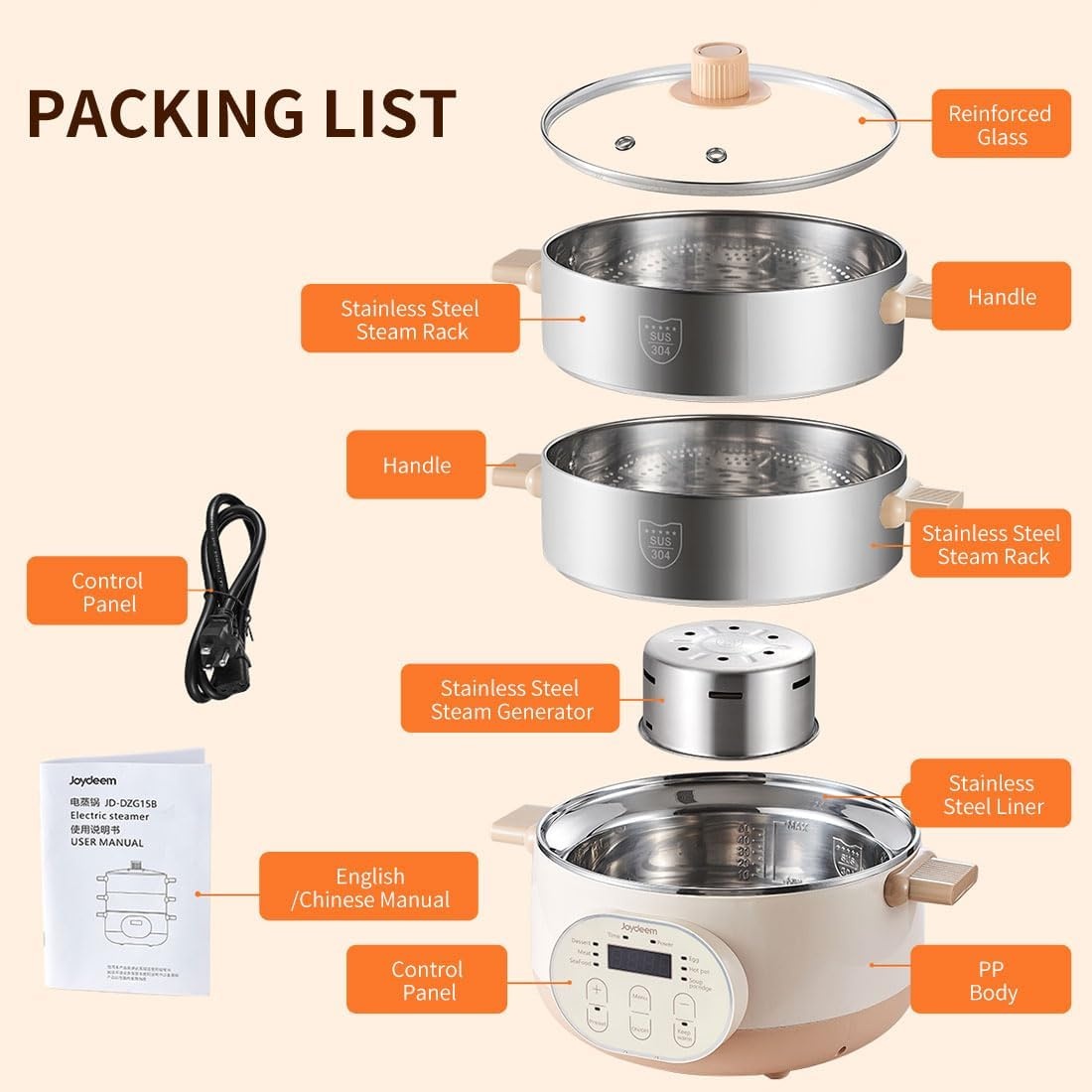 image:imageJoydeem Electric Food Steamer for Cooking 2Tier Stainless Steel Vegetable amp Food Steamers 15L159 qt Large Capacity JDDZG15B