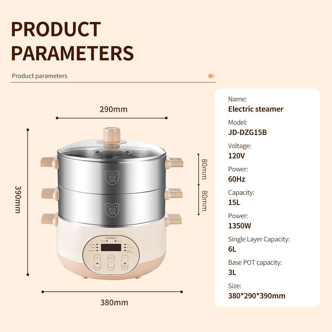 image:imageJoydeem Electric Food Steamer for Cooking 2Tier Stainless Steel Vegetable amp Food Steamers 15L159 qt Large Capacity JDDZG15B